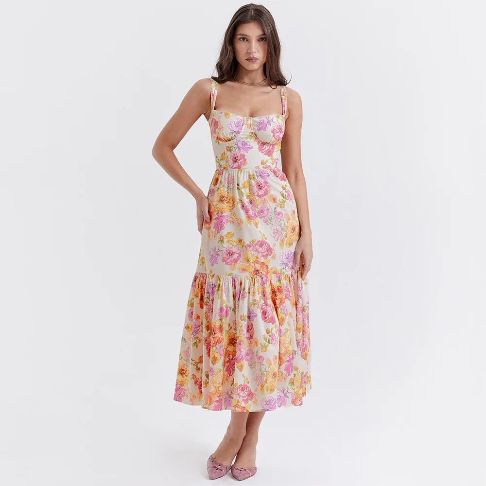 Y2K Floral Spaghetti Strap Midi Dress - Elegant Casual Summer Party Outfit with Pockets