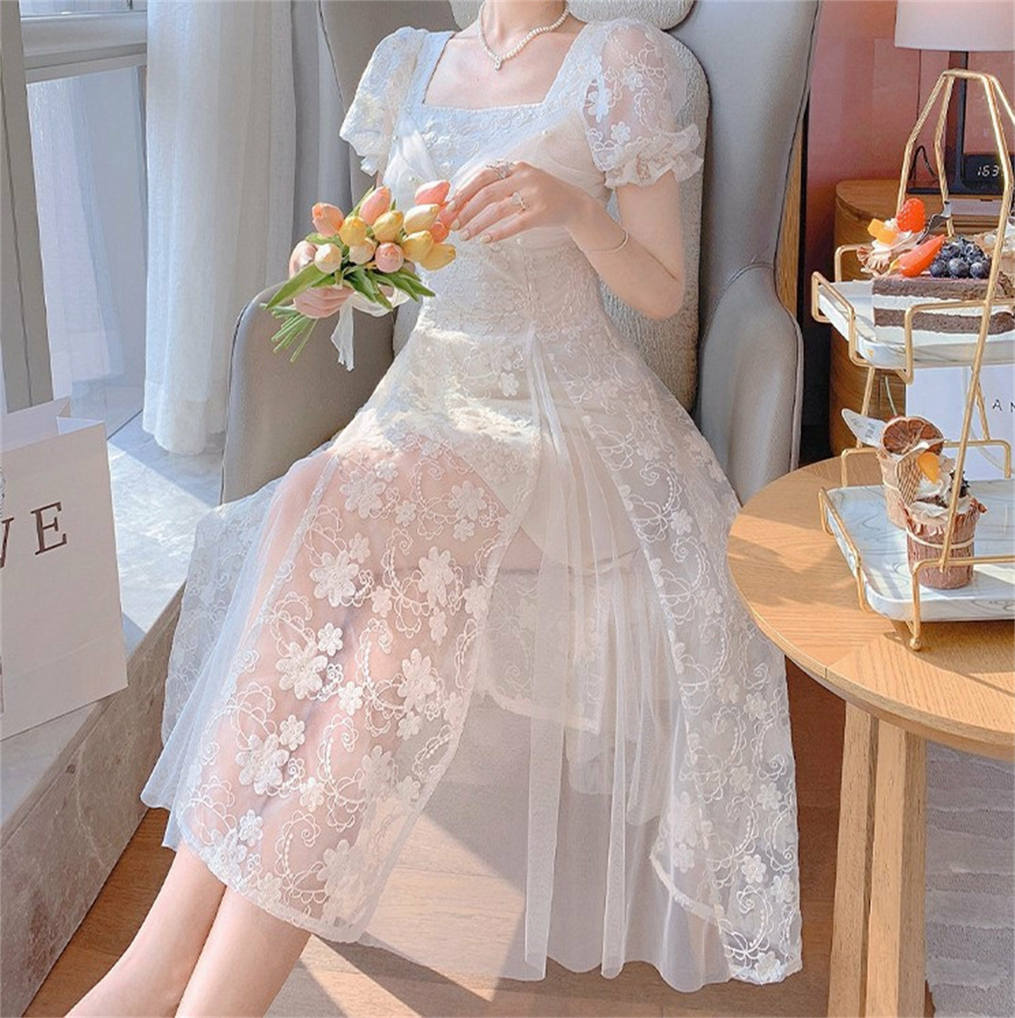 Y2K French Tulle Puffed Sleeve Princess Dress - Sparkling Prom, Wedding, Birthday Party Outfit