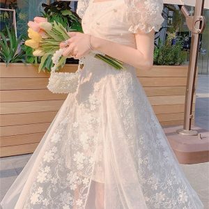 Y2K French Tulle Puffed Sleeve Princess Dress - Sparkling Prom, Wedding, Birthday Party Outfit