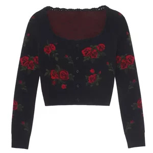 Y2K French Vintage Jacquard Cardigan Crop Sweater - Dark Academia Aesthetic