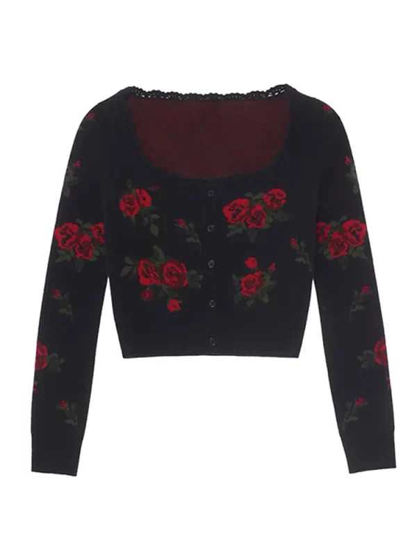 Y2K French Vintage Jacquard Cardigan Crop Sweater - Dark Academia Aesthetic