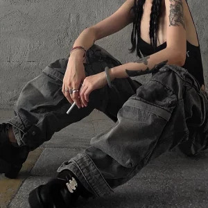 Y2K Goth Cyber Punk Denim Cargo Mom Jeans - Baggy Grunge Dark Academia Harajuku Stacked Hip