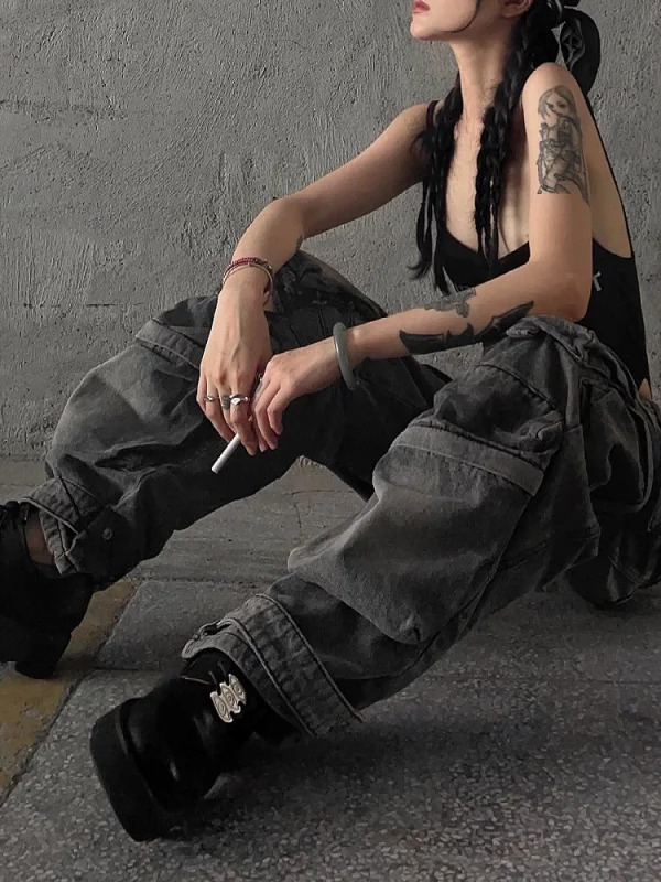 Y2K Goth Cyber Punk Denim Cargo Mom Jeans - Baggy Grunge Dark Academia Harajuku Stacked Hip