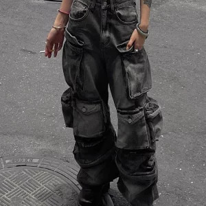 Y2K Goth Cyber Punk Denim Cargo Mom Jeans - Baggy Grunge Dark Academia Harajuku Stacked Hip