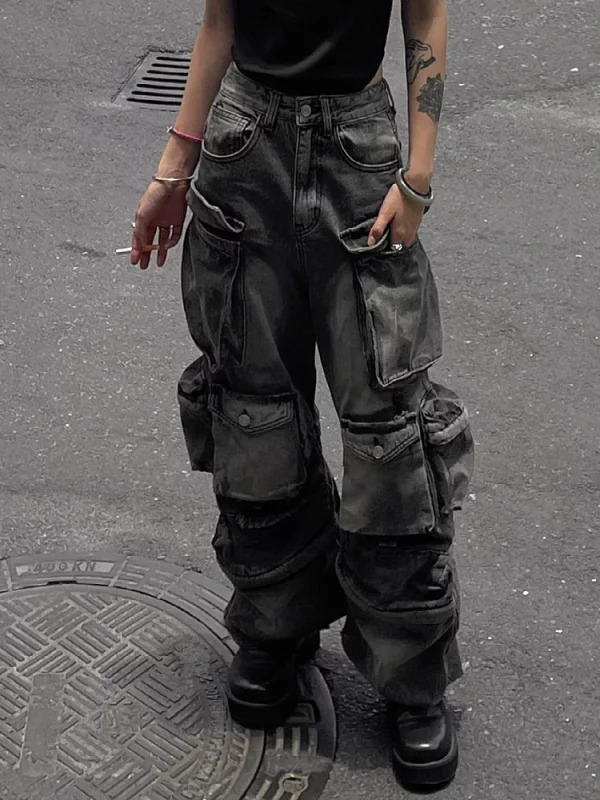 Y2K Goth Cyber Punk Denim Cargo Mom Jeans - Baggy Grunge Dark Academia Harajuku Stacked Hip