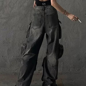 Y2K Goth Cyber Punk Denim Cargo Mom Jeans - Baggy Grunge Dark Academia Harajuku Stacked Hip