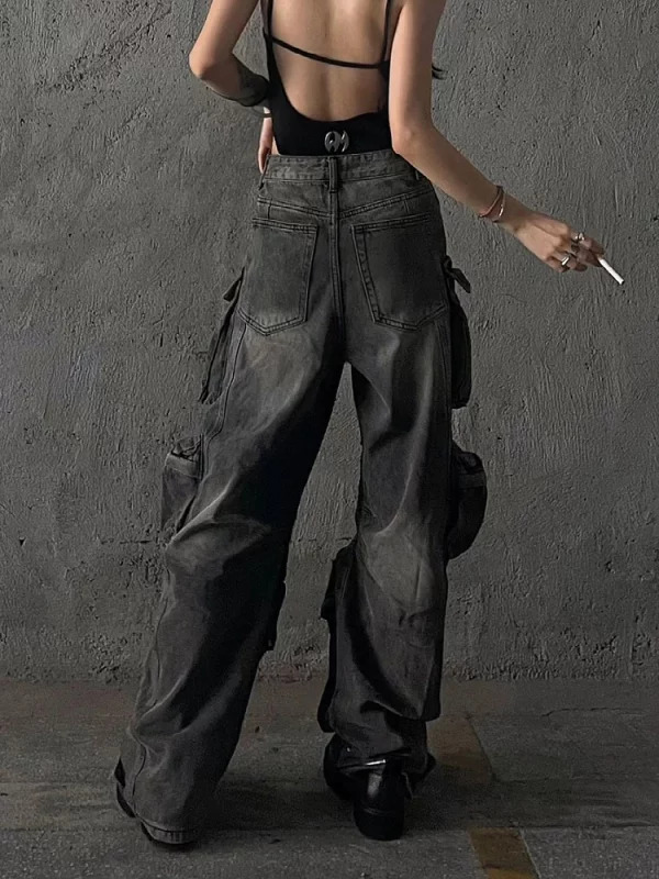 Y2K Goth Cyber Punk Denim Cargo Mom Jeans - Baggy Grunge Dark Academia Harajuku Stacked Hip