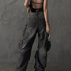 Y2K Goth Cyber Punk Denim Cargo Mom Jeans - Baggy Grunge Dark Academia Harajuku Stacked Hip