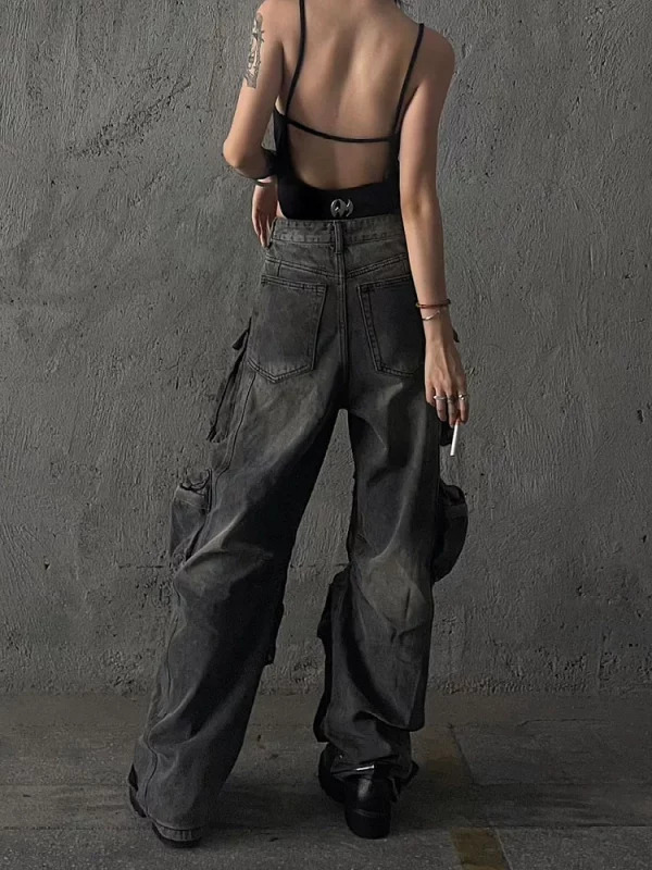 Y2K Goth Cyber Punk Denim Cargo Mom Jeans - Baggy Grunge Dark Academia Harajuku Stacked Hip