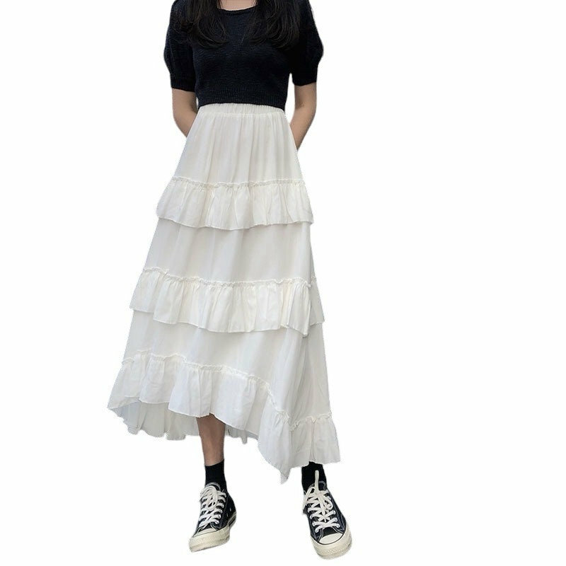 Y2K Goth Lolita Maxi Skirt | High Waisted Asymmetrical Ruched Ruffle Skirt | Summer Fashion