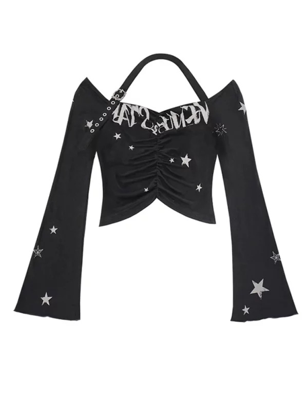 Y2K Gothic Flare Crop Top - Autumn Cyber Gyaru Punk Style Tee