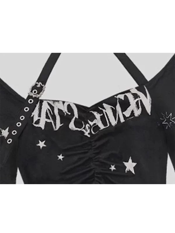 Y2K Gothic Flare Crop Top - Autumn Cyber Gyaru Punk Style Tee