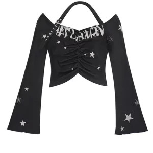 Y2K Gothic Flare Crop Top - Autumn Cyber Gyaru Punk Style Tee