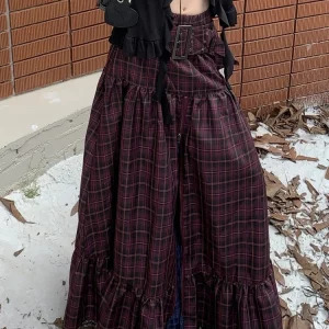 Y2K Gothic Harajuku Plaid Maxi Skirt - Vintage Dark Academia Grunge Cyber Punk Style