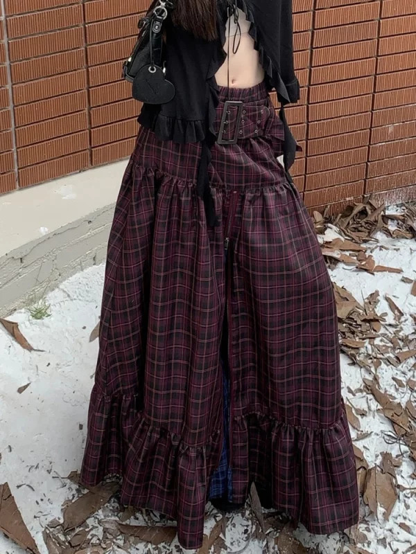 Y2K Gothic Harajuku Plaid Maxi Skirt - Vintage Dark Academia Grunge Cyber Punk Style