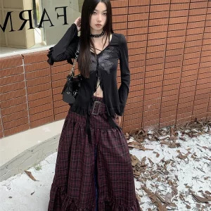 Y2K Gothic Harajuku Plaid Maxi Skirt - Vintage Dark Academia Grunge Cyber Punk Style