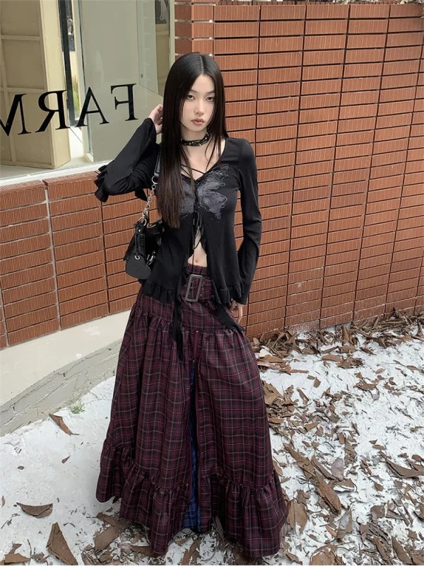 Y2K Gothic Harajuku Plaid Maxi Skirt - Vintage Dark Academia Grunge Cyber Punk Style