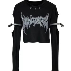 Y2K Gothic Hollow Out Crop Top - Harajuku Streetwear Long Sleeve Tee