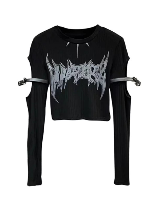 Y2K Gothic Hollow Out Crop Top - Harajuku Streetwear Long Sleeve Tee