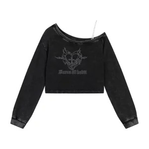 Y2K Gothic Long Sleeve Strapless Hoodie - Baddie Style Sweatshirt with 2000s Graphics - Street