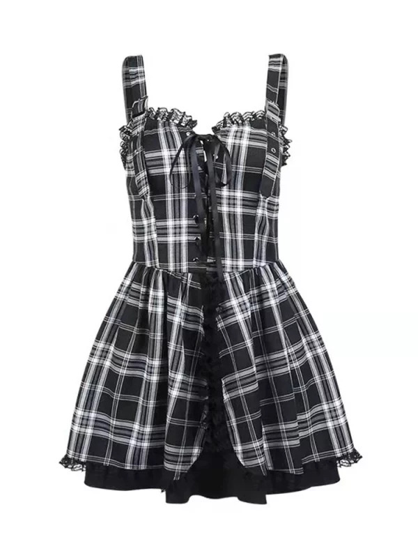 Y2K Gothic Mini Plaid Suspender Dress - Grunge Lace Up Patchwork Party Club Fairy Streetwear