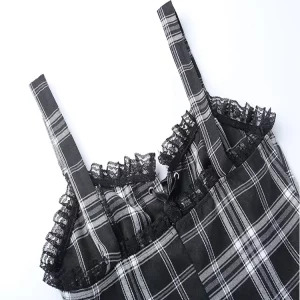 Y2K Gothic Mini Plaid Suspender Dress - Grunge Lace Up Patchwork Party Club Fairy Streetwear