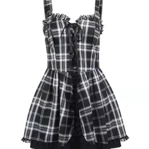 Y2K Gothic Mini Plaid Suspender Dress - Grunge Lace Up Patchwork Party Club Fairy Streetwear