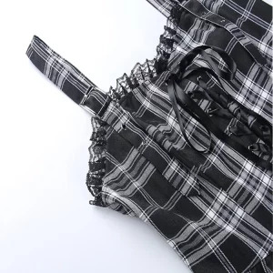 Y2K Gothic Mini Plaid Suspender Dress - Grunge Lace Up Patchwork Party Club Fairy Streetwear