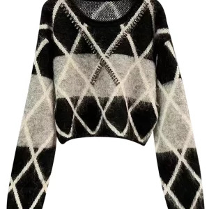 Y2K Gothic Striped Cropped Sweater - Vintage O-Neck Rhinestone Harajuku Pullover