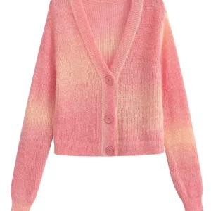 Y2K Gradient Knitted Cardigan - Cute 90s Grunge Sweater, Chic Long Sleeve Knit Coat