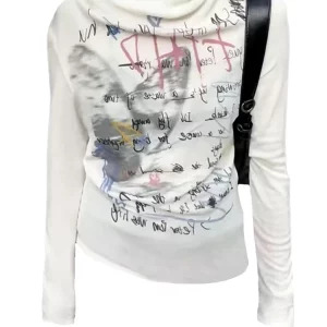 Y2K Graffiti Print Long Sleeve Hoodie T-Shirt - Streetwear Aesthetic for Women