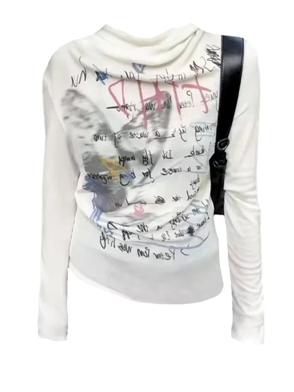 Y2K Graffiti Print Long Sleeve Hoodie T-Shirt - Streetwear Aesthetic for Women