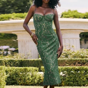 Y2K Green Midi Dress - Elegant Spaghetti Strap, Sexy Night Out, Wedding Guest, 90s Fashion Party Outfit