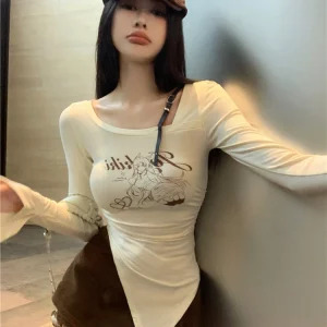 Y2K Grunge Aesthetic Dark Academia Long Sleeve T-Shirt - Autumn Korean Fashion Gyaru Backless Top