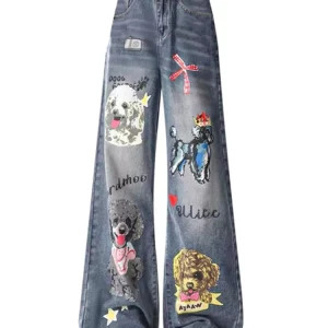 Y2K Grunge Aesthetic Denim Pants - Baggy Harajuku Streetwear with Cartoon Graphics