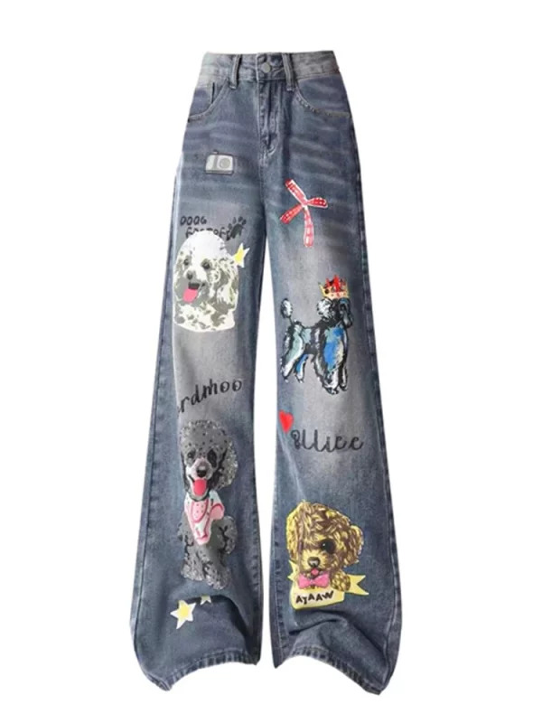 Y2K Grunge Aesthetic Denim Pants - Baggy Harajuku Streetwear with Cartoon Graphics