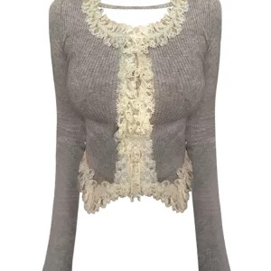 Y2K Grunge Aesthetic Lace Patchwork Jumper - Long Sleeve Cropped Sweater