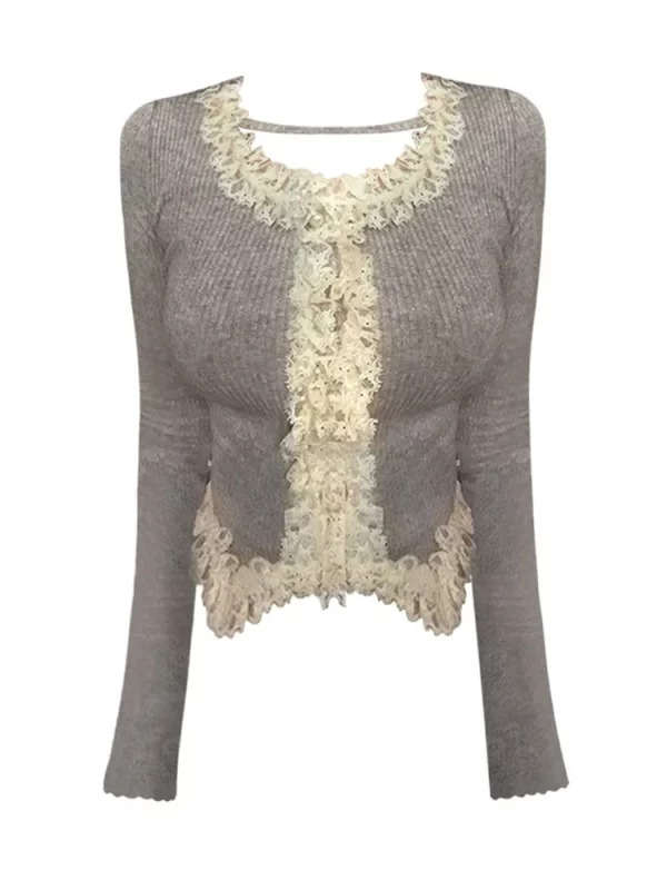 Y2K Grunge Aesthetic Lace Patchwork Jumper - Long Sleeve Cropped Sweater