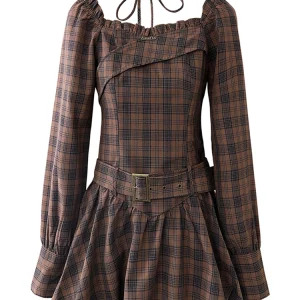 Y2K Grunge Aesthetic Plaid Dress with Square Collar and Ruffles - Vintage Style Mini Frocks with Belt