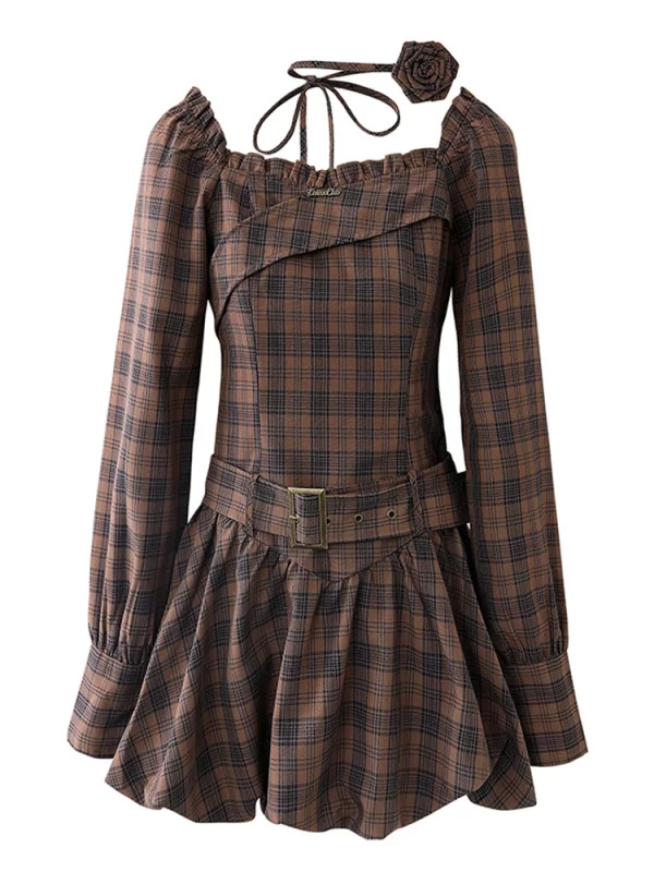 Y2K Grunge Aesthetic Plaid Dress with Square Collar and Ruffles - Vintage Style Mini Frocks with Belt