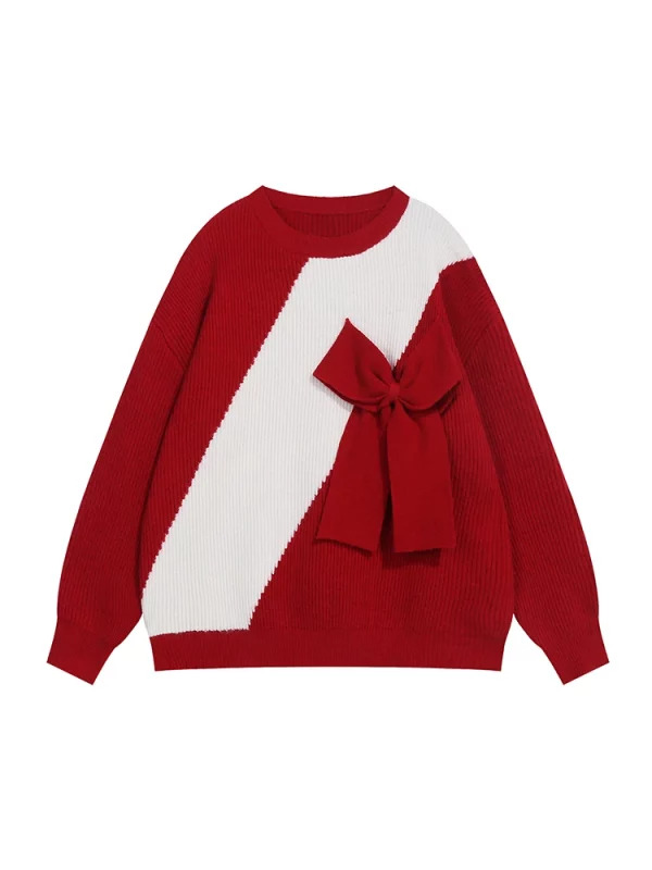 Y2K Grunge Aesthetic Red Christmas Sweater - Oversized Knitwear with Bow Detail