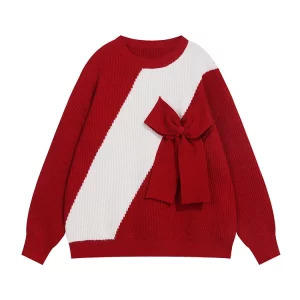 Y2K Grunge Aesthetic Red Christmas Sweater - Oversized Knitwear with Bow Detail