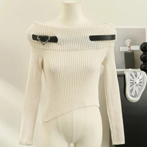 Y2K Grunge Aesthetic Sweater - Korean Fashion Slash Neck Jumper for Women