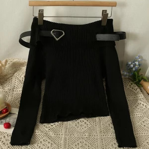 Y2K Grunge Aesthetic Sweater - Korean Fashion Slash Neck Jumper for Women