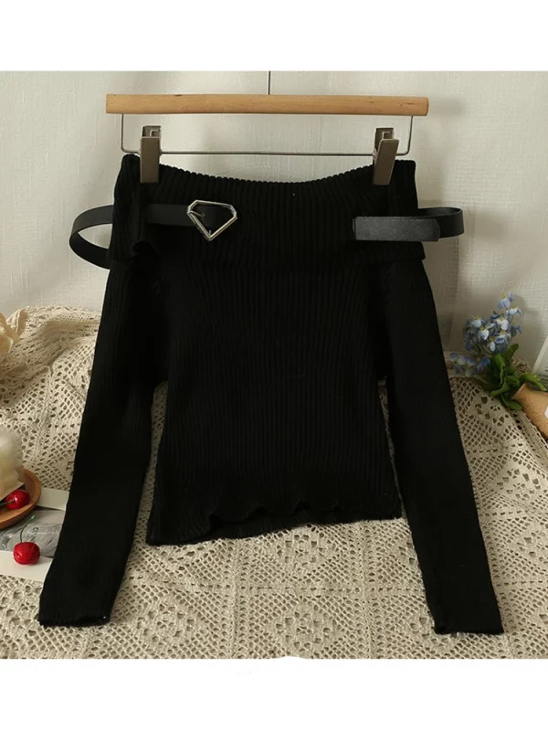 Y2K Grunge Aesthetic Sweater - Korean Fashion Slash Neck Jumper for Women