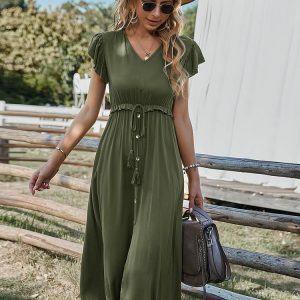 Y2K Grunge Backless Lace-Up V-Neck Tassel Ruffle Split Summer Party Dress