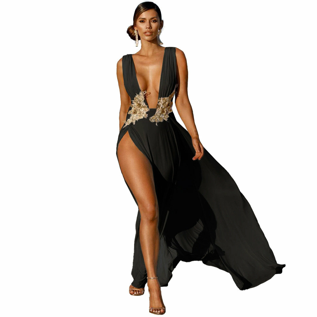 Y2K Grunge Backless Maxi Dress - Sexy Deep V Neck, High Slit, Summer Party Festival Outfit