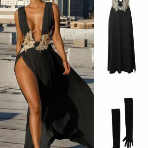 Y2K Grunge Backless Maxi Dress - Sexy Deep V Neck, High Slit, Summer Party Festival Outfit