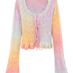 Y2K Grunge Candy Color Cardigan: Romantic Mori Girl Cropped Sweater with Lace-Up Detail