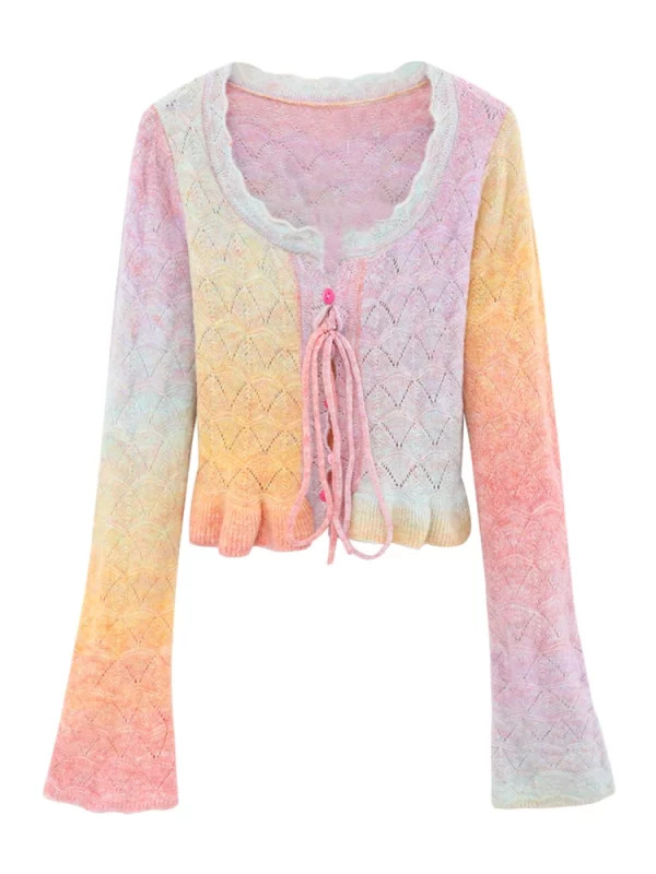 Y2K Grunge Candy Color Cardigan: Romantic Mori Girl Cropped Sweater with Lace-Up Detail